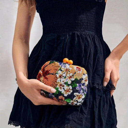 Mini bolsa de embreagem floral de vestido de noite de lantejoulas retrô - perfeito para festa, casamento, clube, jantar!