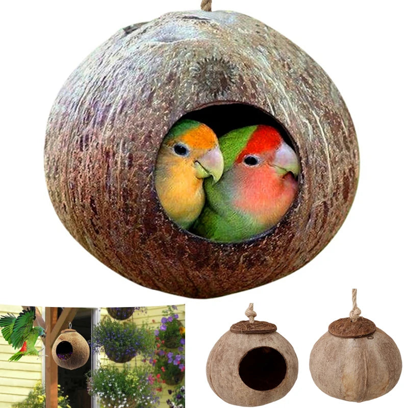 Prírodné kokosové škrupiny vtáčie klietky papagájový dom hniezdny dom s klietkami so závesným šnúrkou pre malé maznáre