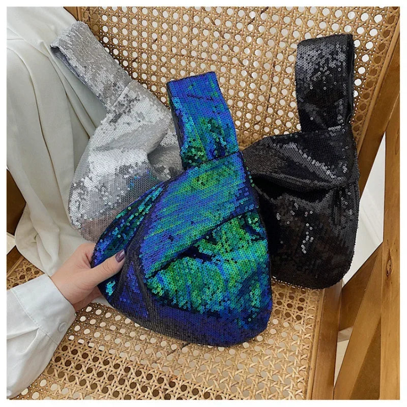 Damer Trendy Fashion Reversible Sequin Evening Clutch Purse Women Girls Small Glitter Wrist Knot Bag Designer Bags Luksus 2023