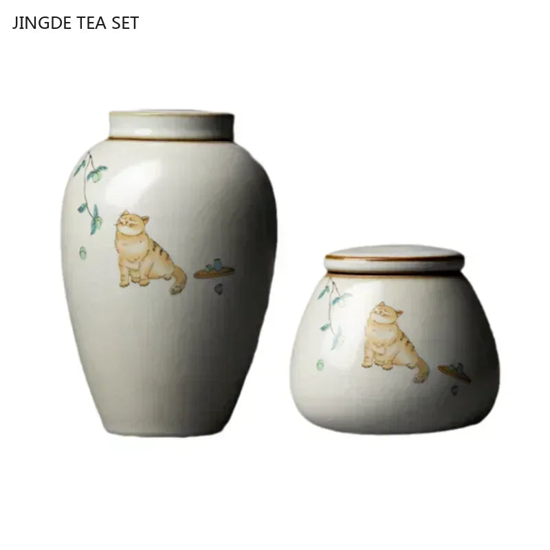 Retro Ru Kiln Ceramics Tea Caddy Cute Cat Pattern Portable Sealed Tea Leaf Containers Travel Tea Bag Storage Box Spice Organizer