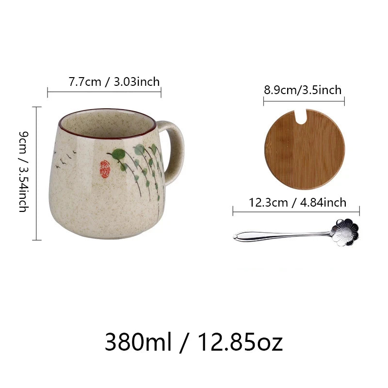 380ml Japanese Retro Style Coffee Mug With Handle Ceramic Breakfast Oats Milk Cups Home Teacup Water Mug With Lid And Spoon Gift