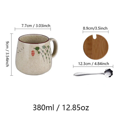 380ml Japanese Retro Style Coffee Mug With Handle Ceramic Breakfast Oats Milk Cups Home Teacup Water Mug With Lid And Spoon Gift