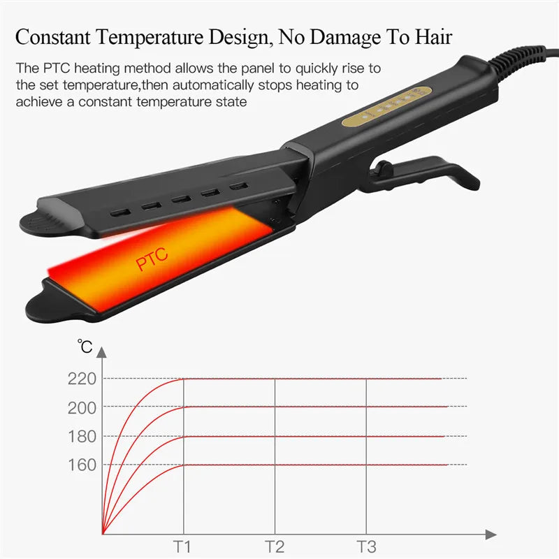 Pllaka e gjerë Hekuri i sheshtë Profesional Titani Alloy Alloy Flokë Temperatura Temperatura e rregullueshme e rregullimit të mjetit të rregullimit të ventilimit