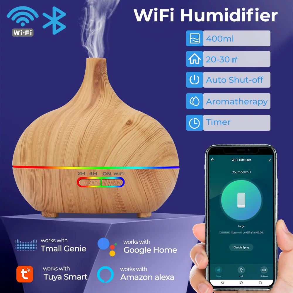 Tuya wifi wifi humidifikues thelbësor i aromës difuzues të naftës ultrasonik të humidifikuesit të mjegullës së mjegullës aromë shtëpie për Alexa Google