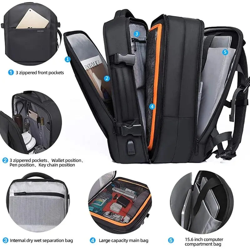 HK Obchodní batoh pro muže Vodotěsný anti-krádež 15.6 ”notebook batoh neformální rozšiřitelný cestovní taška Krátká cesta