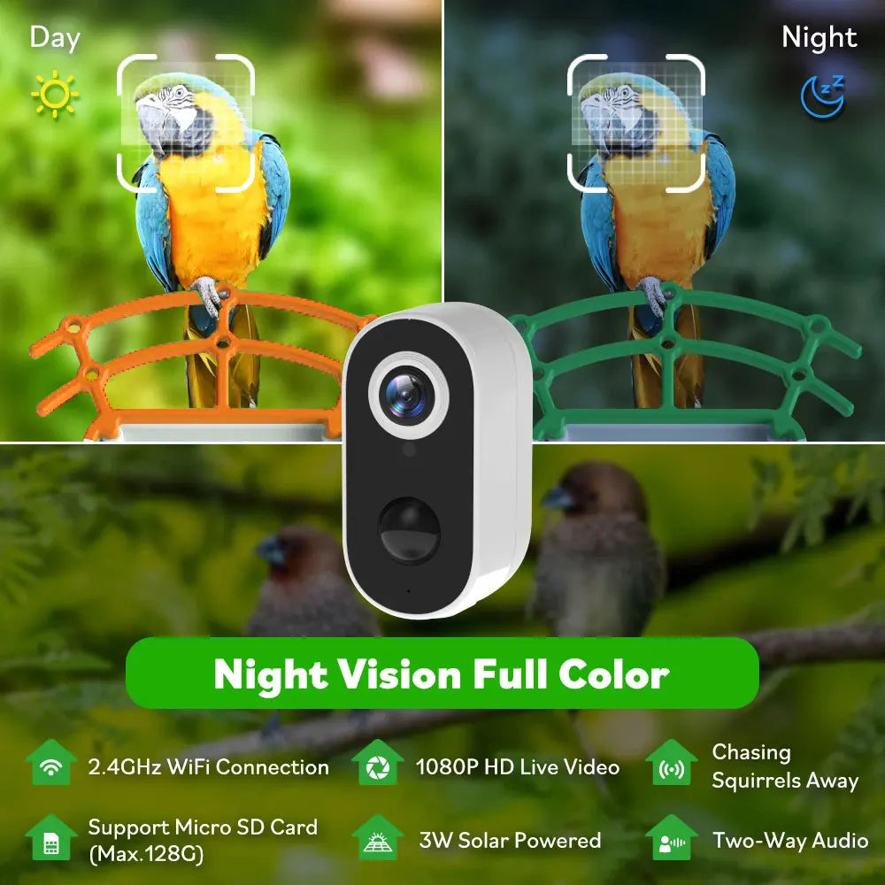 US 4G sáv 1080p 120 széles látószögű PIR mozgás észlelése éjszakai látás 5200mAh 3,5 W Solar Bird -etető kamera AI -vel