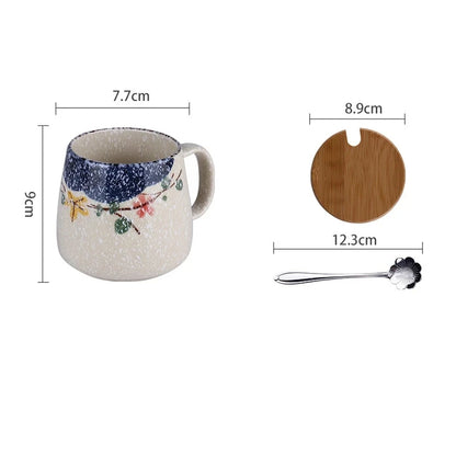 380ml Japanese Retro Style Coffee Mug With Handle Ceramic Breakfast Oats Milk Cups Home Teacup Water Mug With Lid And Spoon Gift