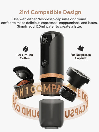 Stainless Steel Capsule Coffee Machine USB Charging Espresso Coffee Machine Portable Mini Automatic Cleaning for Travel Camping