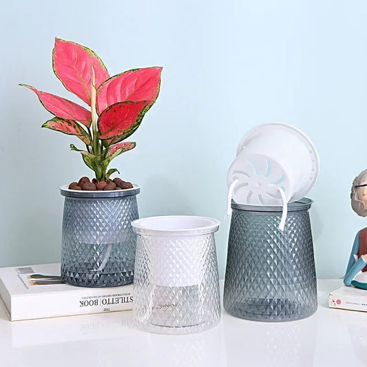 Double-couche auto-arrosage de plante Pot en plastique transparent vase de fleurs en plastique automatique Potted fleurie pot-fleur Hydroponic Flowerpot décor