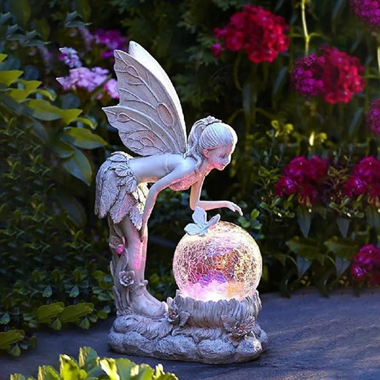 Farcent Decoration Garden Crystal Ball Girl estátua Lâmpada solar Ornamento Resina Artesanato