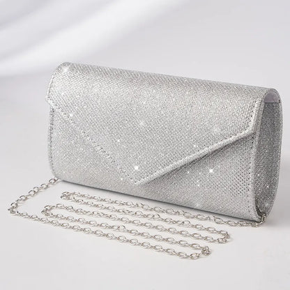 Women Envelope Evening Bag Glitter Ladies Chain Shoulder Bags Shiny Silver Long Purse Female Wedding Party Clutches Mini Handbag