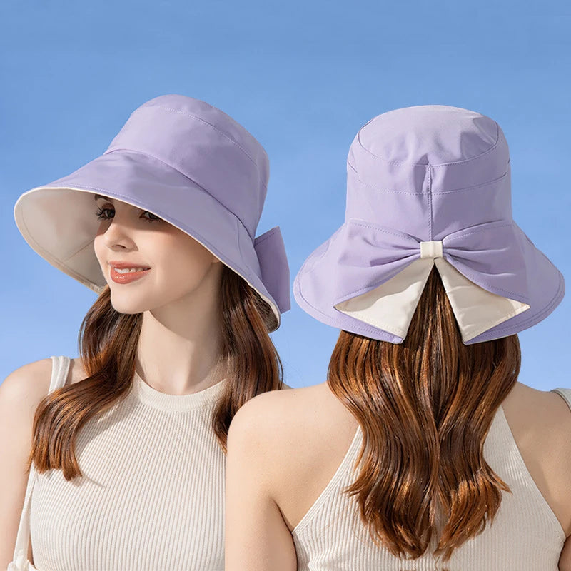Femei de vară pălărie cu găleată de protecție solară cu arc doamnă elegantă de protecție solară de protecție solară, plajă exterioară largă căptușeală cu ridicata cu ridicata în nou în