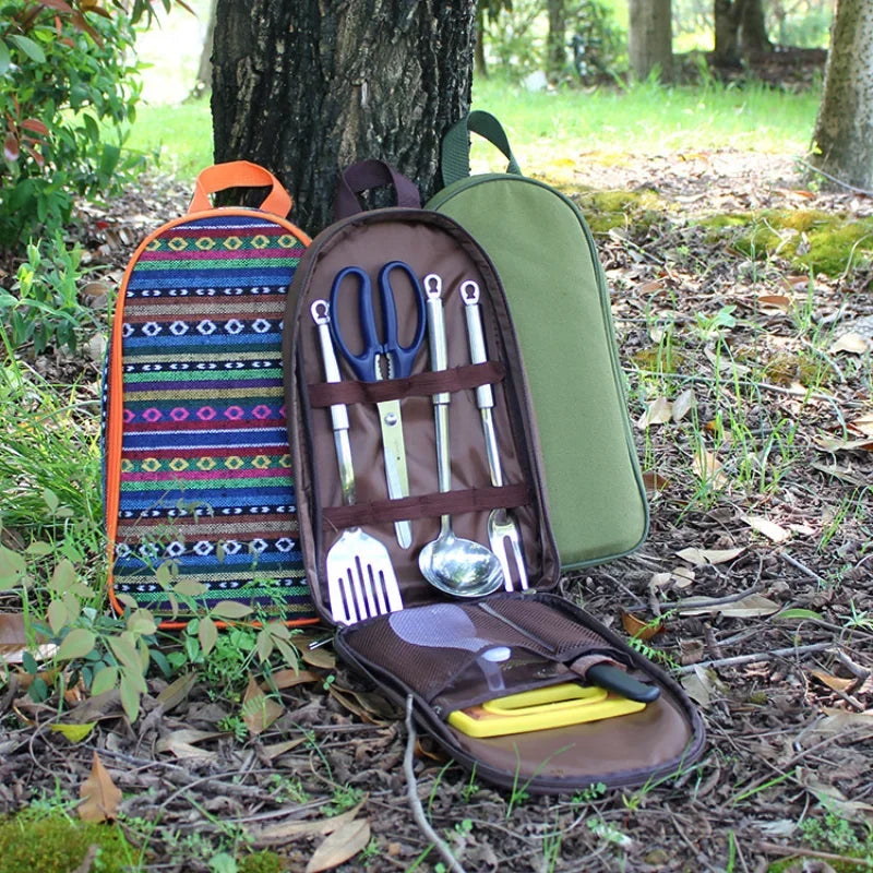 Tragbare Reise -Utensilien Set 7pcs Edelstahl Camping Küchenkochgeschirr Kochgeschirr Küchengeschirr für Rucksack -BBQ -Camping -Picknick