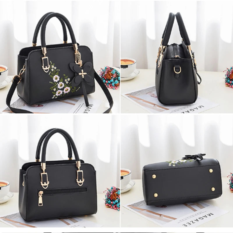 Luxury Embroidered Handle Bags For Women PU Leather Shoulder Crossbody Bag High Quality Messenger Handbag Middle-aged Mommy Bag