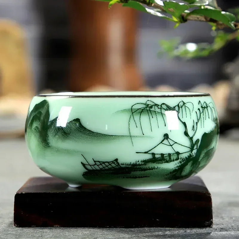 Traditional Celadon Hand-painted Landscape Teacup Ceramic Lotus Bamboo Carp Tea Set Double-fish Chinese Tea Master Cup 80ml