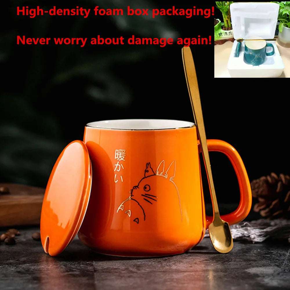 400ml New Product European Style Light Luxury Gold-painted Ceramic Coffee Mug with Lid Spoon Water Cup Cartoon Mug