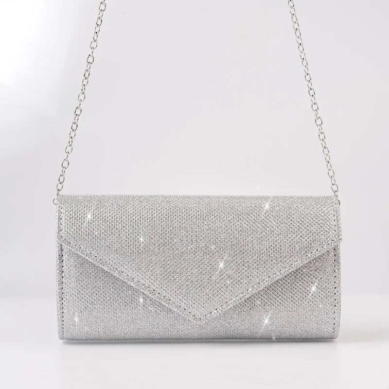Ženy Envelope Evening Bag Glitter Dámske reťazové tašky Ramery Leskiny Strieborná dlhá kabelka Ženská svadobná párty Mini kabelka