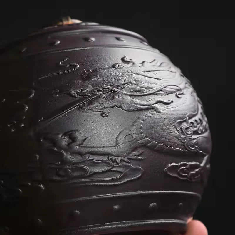 Vintage Purple Clay Tea Caddy Large Round Ceramic Storage Tank Sealed Pu'er Tea Box Dragon Series Tea Container Jars With Tassel