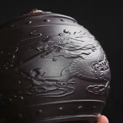 Vintage Purple Clay Tea Caddy Large Round Ceramic Storage Tank Sealed Pu'er Tea Box Dragon Series Tea Container Jars With Tassel