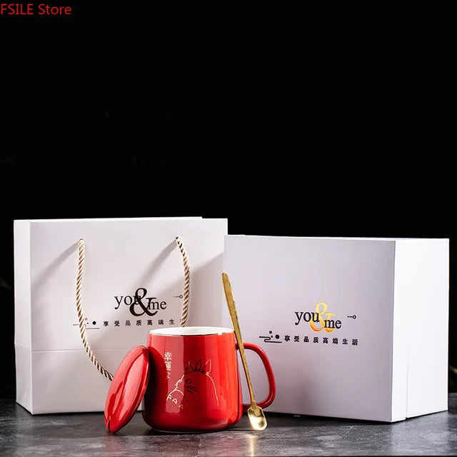 400ml New Product European Style Light Luxury Gold-painted Ceramic Coffee Mug with Lid Spoon Water Cup Cartoon Mug