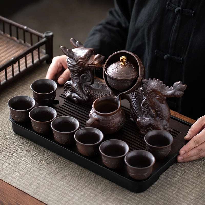 1 set, creative lazy tea set, semi-automatic dragon teapot, magnetic rotating water-conducting tea set, Chinese Kung Fu tea set
