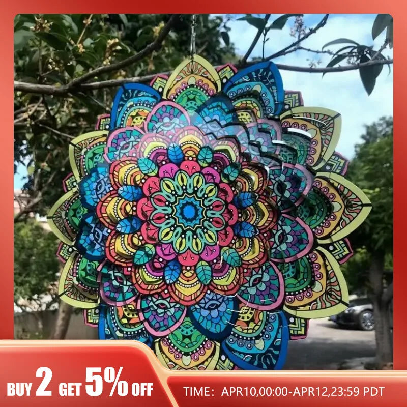 3D színes szél fonó mandala 12 hüvelykes összecsukható forgó szélcsengő 12 hüvelykes kerti fém szélcsengő páva virág