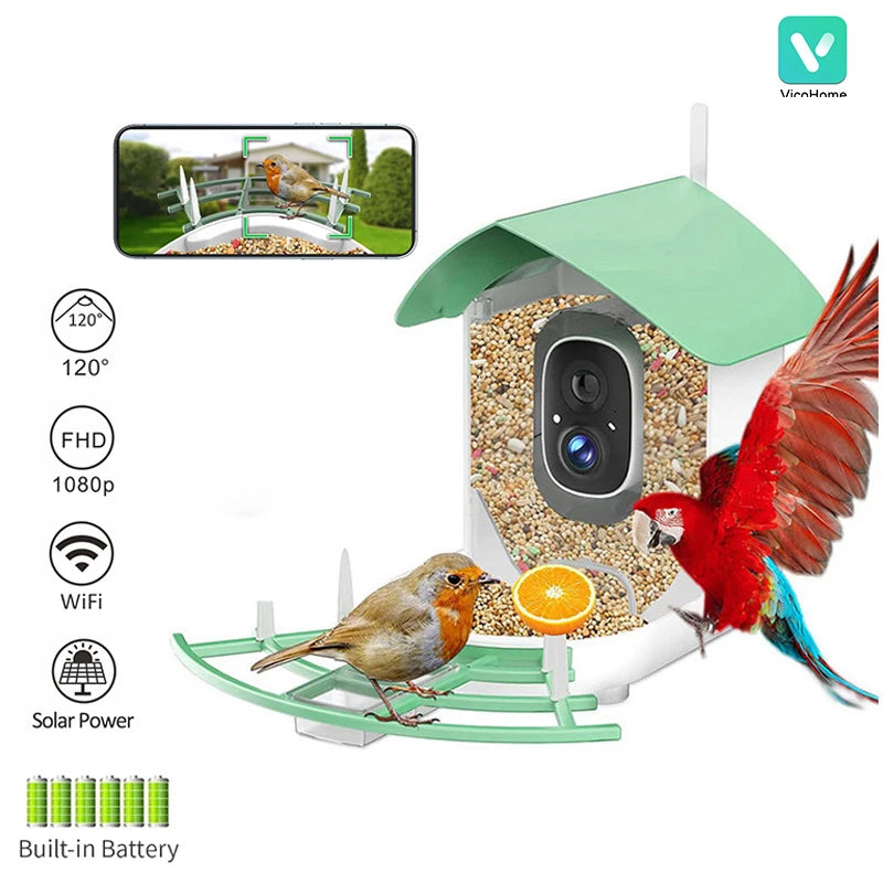 מזין ציפורים חכמה חיצונית מזין WiFi אפליקציית מצלמת ציפור אלחוטית ניטור מרחוק עם לוח סולארי 2MP 1080p HD AI הכרה