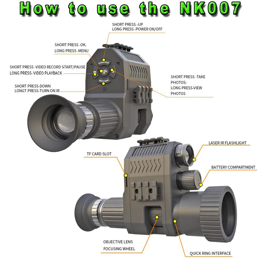 NK007 Noční vidění monokulární 1080p 200-400m Infračervená kamer s nabíjecí nabíjecí baterií více jazyků