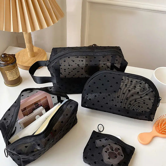 1 pc kærlighedsprint mesh kosmetisk taske bærbar toiletartikler makeup taske multifunktion gennemsigtig kvindelige læbestift opbevaringspose