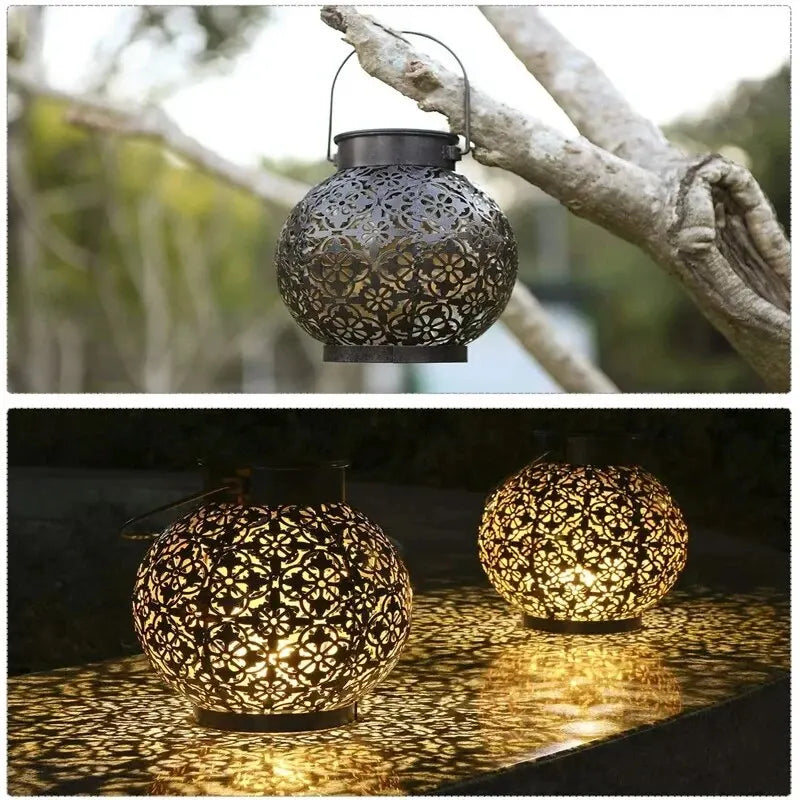 Ligera solar LED luz hueca de hierro forjado lámparas colgantes de luz al aire libre Decoración de arte de jardín a prueba de agua