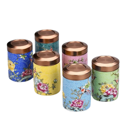 Modern Mini Ceramic Tea Jar Painted Waves Flower Storage Box Portable Sealed Porcelain Jar Coffee Food Container Home Decoration