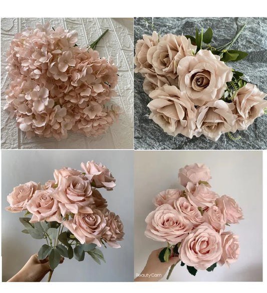 Esküvői dekoráció rózsa poros rózsaszín elpirulás meztelen kávé rizs fehér mesterséges rózsa virág sor út útmutató virág s cseppek