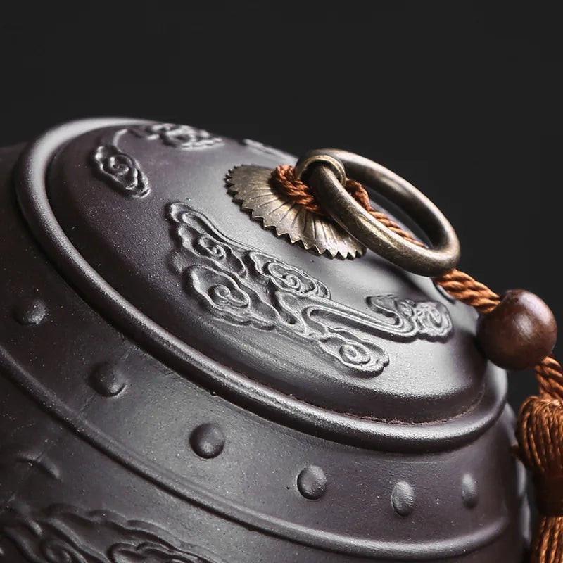 Vintage Purple Clay Tea Caddy Large Round Ceramic Storage Tank Sealed Pu'er Tea Box Dragon Series Tea Container Jars With Tassel