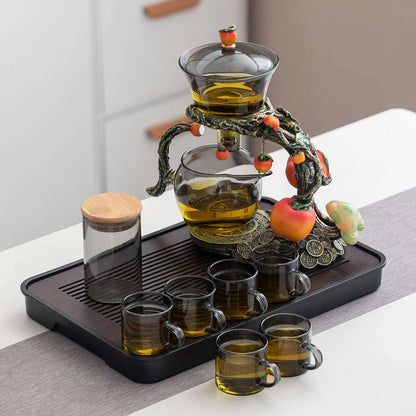 1 Set of Magnetic Lazy Tea Set - Automatic Persimmon Glass Teapot, Tea Cup, Tea Canister, Tea Tray Ideal gift for tea lovers