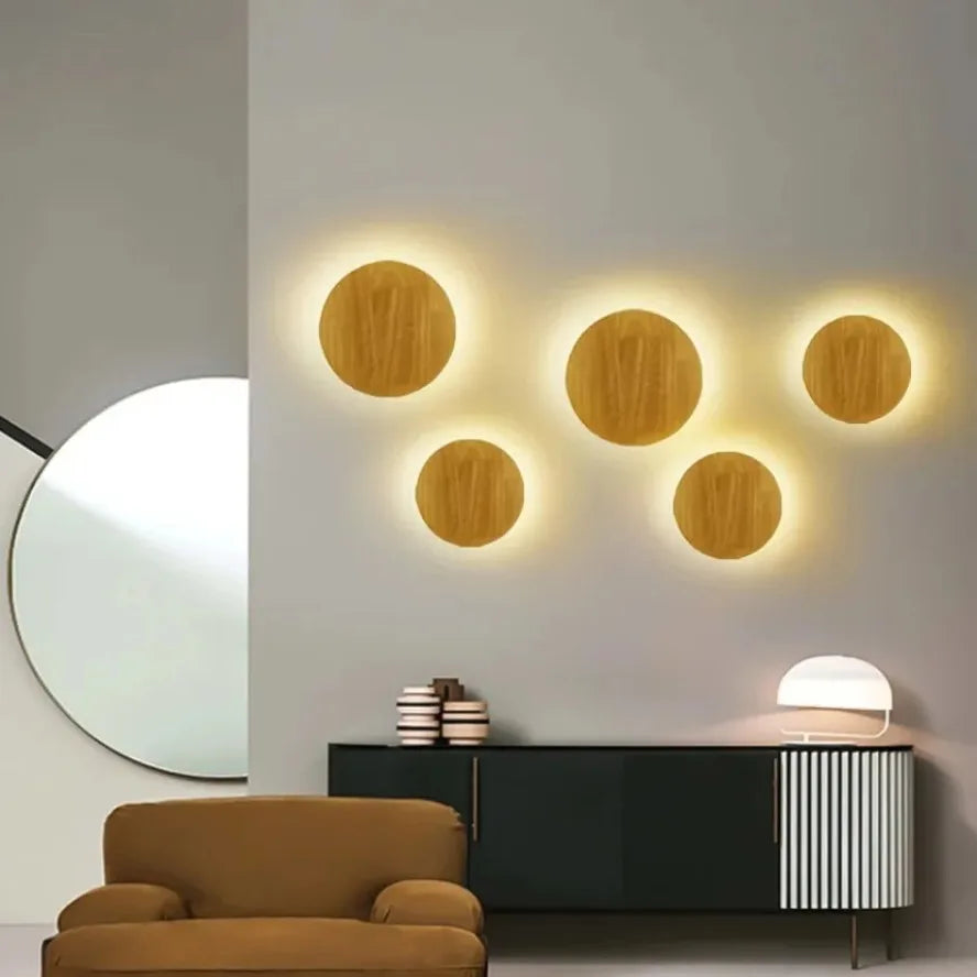 Circular LED Wall Lamp Wooden Modern Minimalist and Creative Home Lamp Bedroom Living Room Background Wall Decoration Lighting