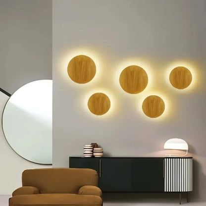 Circular LED Wall Lamp Wooden Modern Minimalist and Creative Home Lamp Bedroom Living Room Background Wall Decoration Lighting