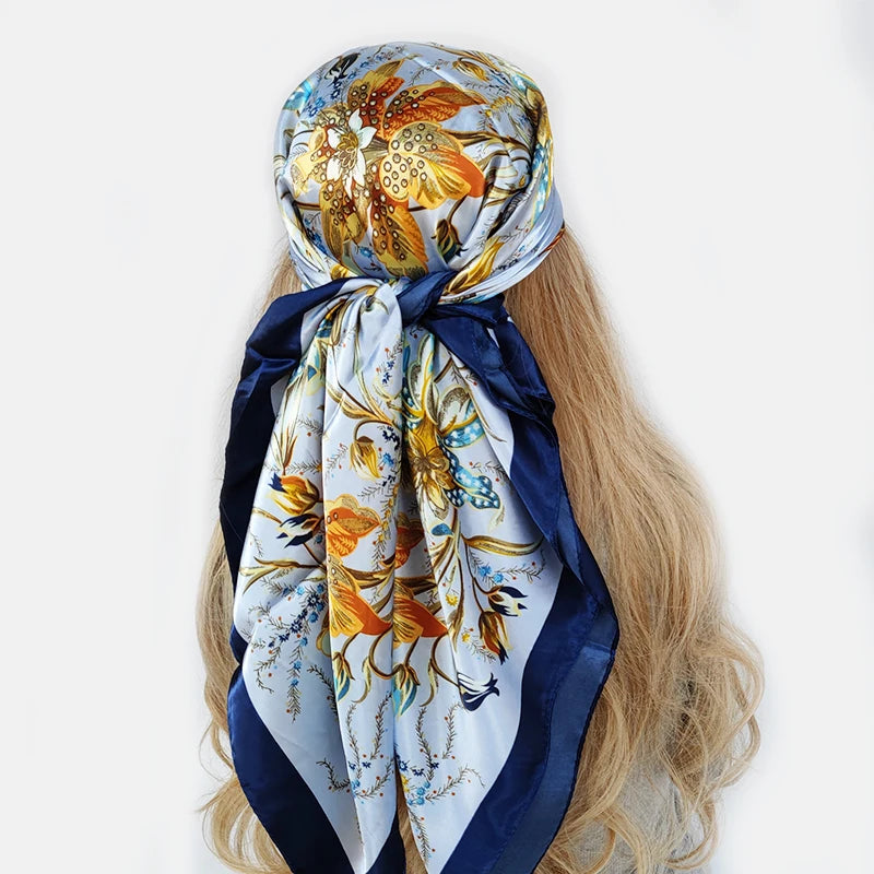 90*90 cm Hair sjaal Vrouwen modeontwerper mooie bloemen foulard zachte satijnen sjaal kerchief vierkante zijden sjaals nek hoofddoek