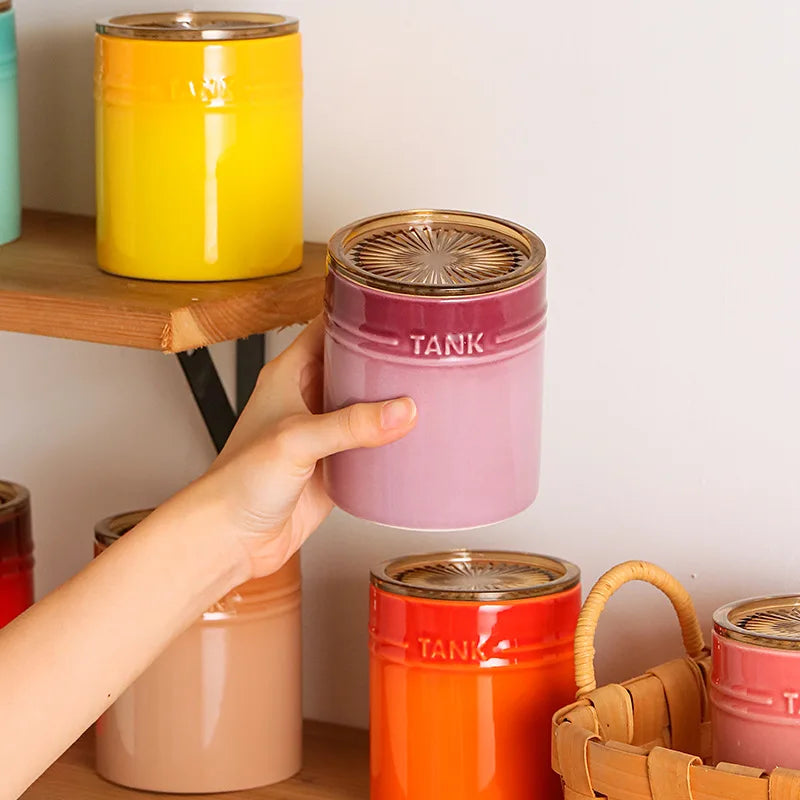 400ml Ceramic Storage Jar Kitchen Food Canisters Stackable Containers with Airtight Seal Plastic Lid for Coffee Tea Sugar Salt