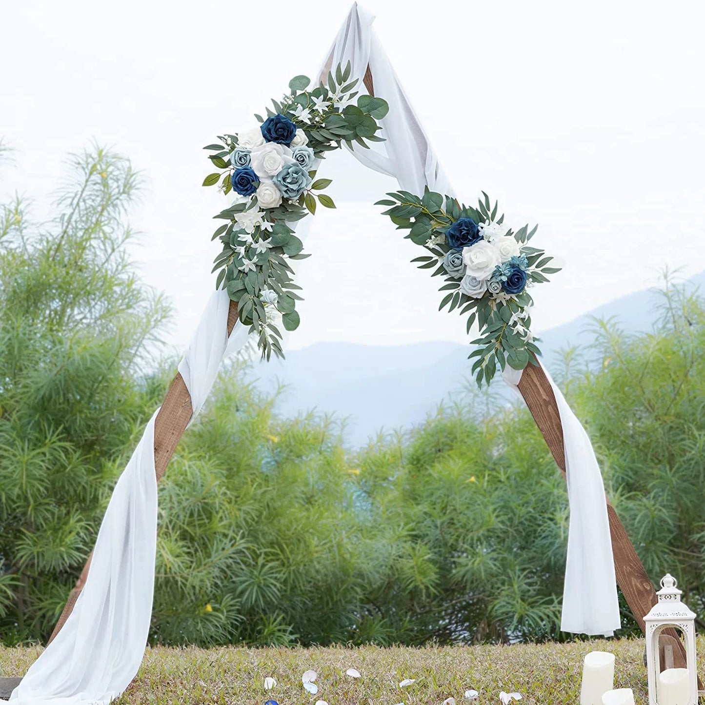 YANNEW KIT ARCH ARTIFICIAL DO CASEMO KIT BOHO Dusty Rose Azul Eucalipto Garland Drapes para decorações de casamento Sign de boas -vindas