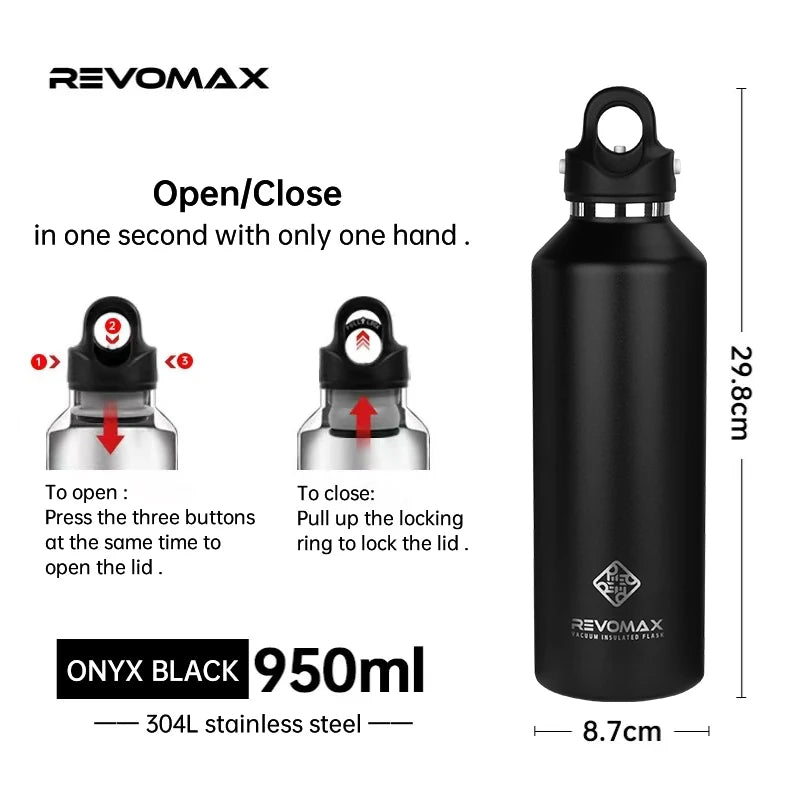 REVOMAX Large Capacity Stainless Steel Thermos Portable Vacuum Flask Insulated Tumbler With No Screw Lid Thermo Bottle 950ml