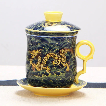 Chinese Dragon Pattern Tea-Mug with Strainer Infuser and Lid and Saucer Ceramic Tea Mug Convenient  Porcelain Personal Tea Cup
