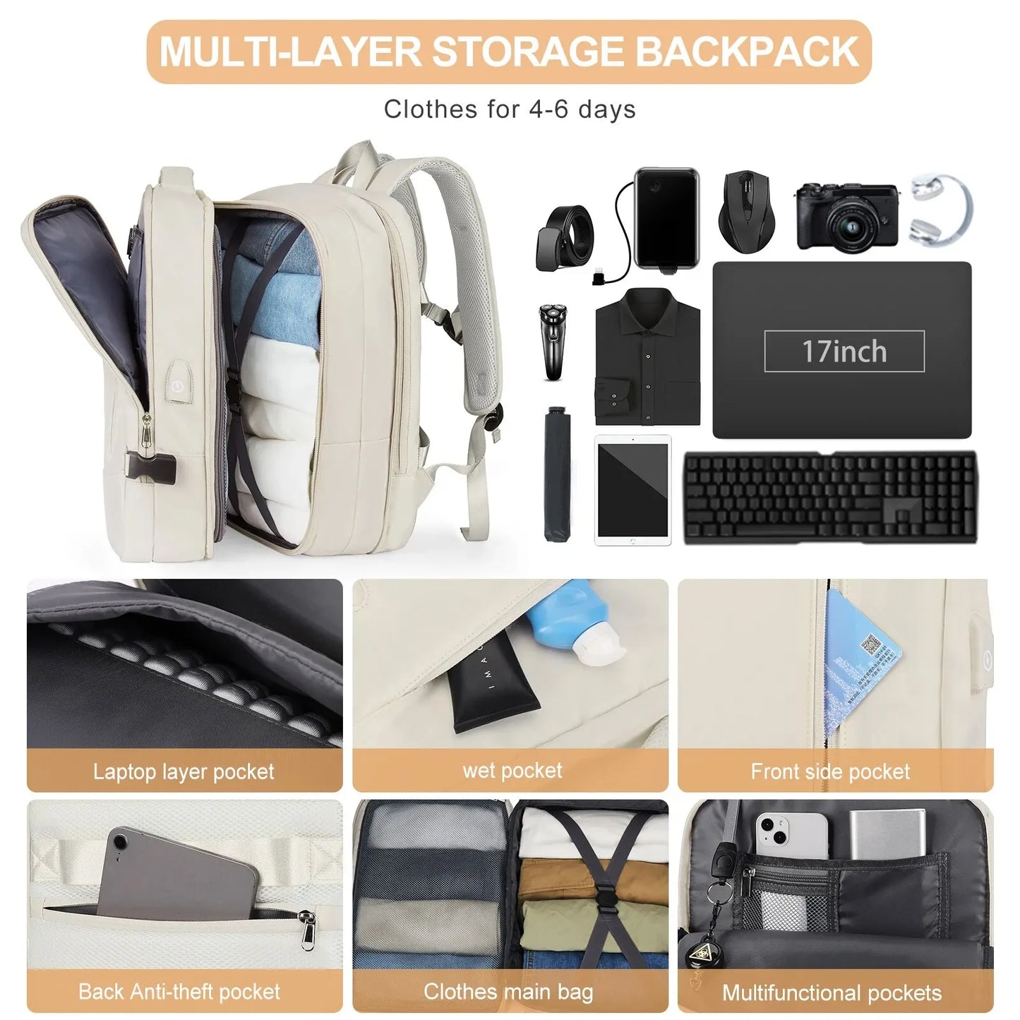 Backpack Udhëtimi i Likros për Gratë Zgjeruese të Përhershme të Laptopit për Hiking Weekseder me portin USB Backpack të Madh 40L për burra të papërshkueshëm nga uji 40L