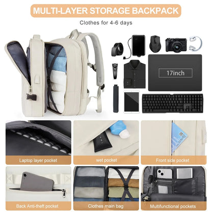 Likros Travel Backpack for naisille laajennettava Weekender -retkeily kannettavan tietokoneen reppu USB -satamalla suurella vedenpitävällä 40L: n miesten reppulla