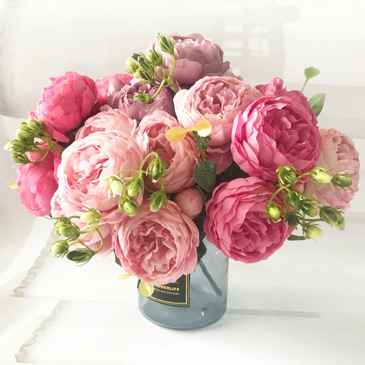 Flores artificiais de seda rosa de 30 cm rosa buquê 5 de cabeça grande e 4 bud flores falsas baratas para decoração de casamento em casa