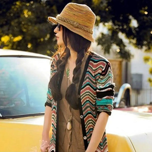 כובע שמש כובע נשים נשות קש קש מתקפל קש קיץ בוהמיה בסגנון קש קש פסים חבל קלוע חוף ביץ