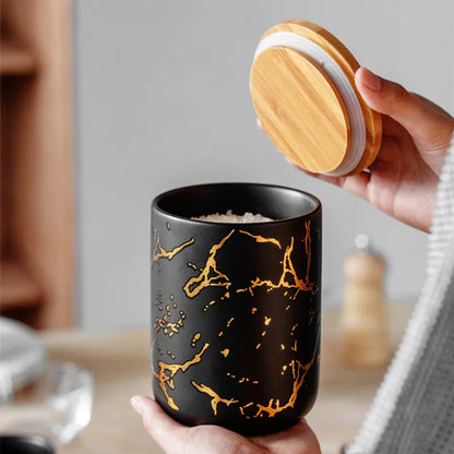Gold-plated Marbling Sealed Ceramic Storage Jar With Bamboo Lid  Spices Tank Container Kitchen Food Bottle Coffee Tea Caddy