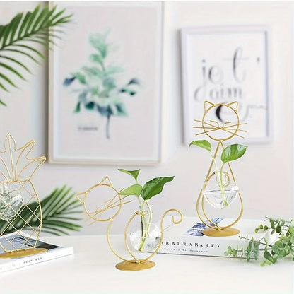 Simple Cat Iron Flower Machine Heart-Shaped Hydroponics Vase Creative Home Living Room Dining Table Decoration