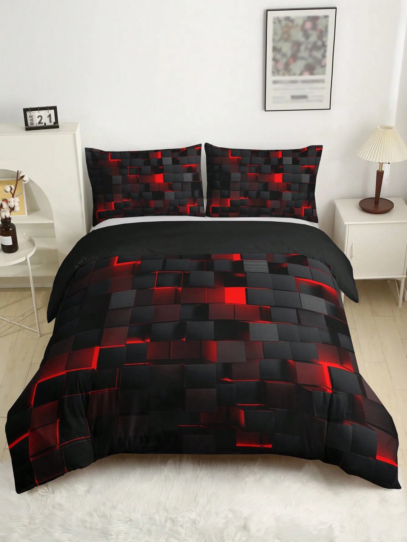Technologický styl Red Grid Comforter Cover Set včetně 1 přikrývky a 2 polštáře vhodné pro domácí a kolejní použití