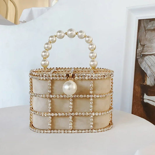 Diamonds Basket Evening Clutch Bags Women 2023 Luksus Hollow Out Preal Beaded Metallic Cage Handbags Ladies Wedding Party Purse