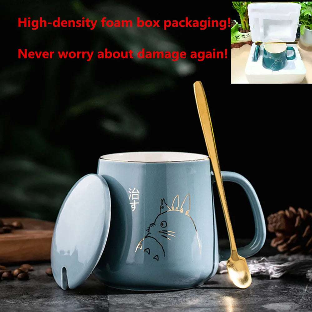 400ml New Product European Style Light Luxury Gold-painted Ceramic Coffee Mug with Lid Spoon Water Cup Cartoon Mug
